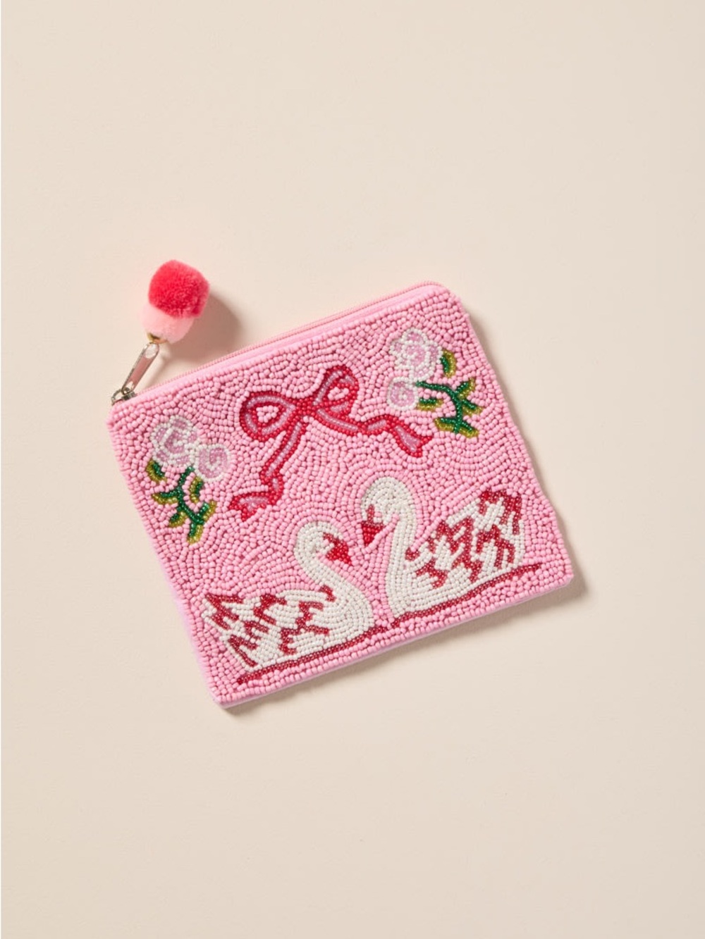 NWT Francesca’s swan Beaded Pink Swan Zip Pouch